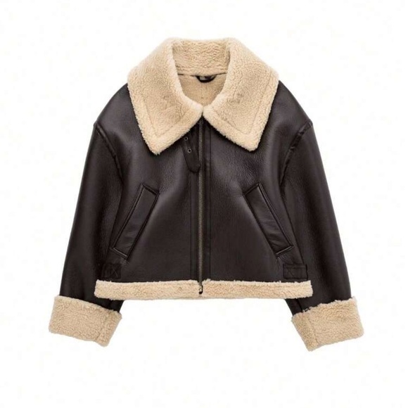 Vegan Leather Aviator Jacket Faux Shearling Trim Shearling Lined chocolate brown - Picture 8 of 12